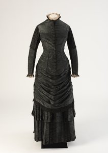 Black watered silk mourning dress, 1880s